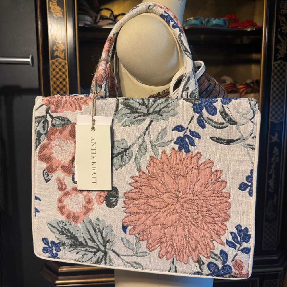Antik Kraft Floral Embroidered Tote - Cream, Pink, Blue